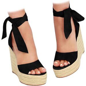 Women's Black Wedges Open Ankle Strap Toe Tie Lace Up Sandals Heels Shoes